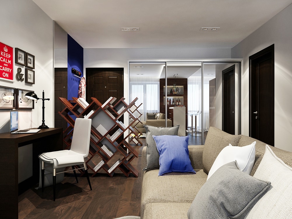 Интерьер гостиной зоны и прихожей в дизайн-проекте маленькой квартиры-студии для бармена — Частная Архитектура