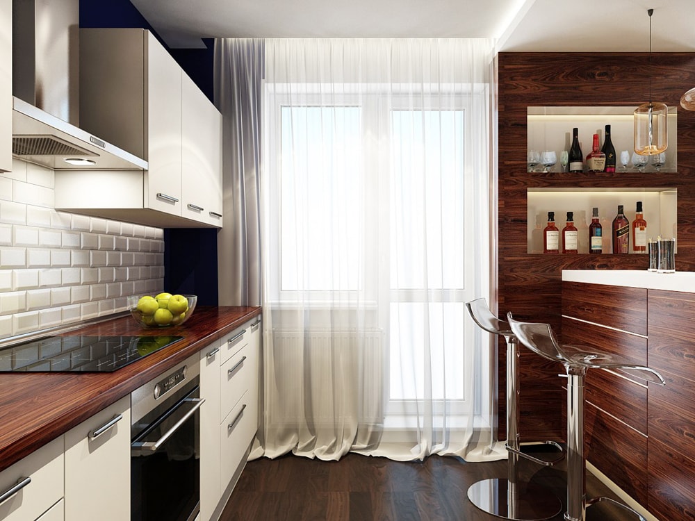 Интерьер кухонной зоны с барной стойкой в дизайн-проекте маленькой квартиры-студии для бармена — Частная Архитектура