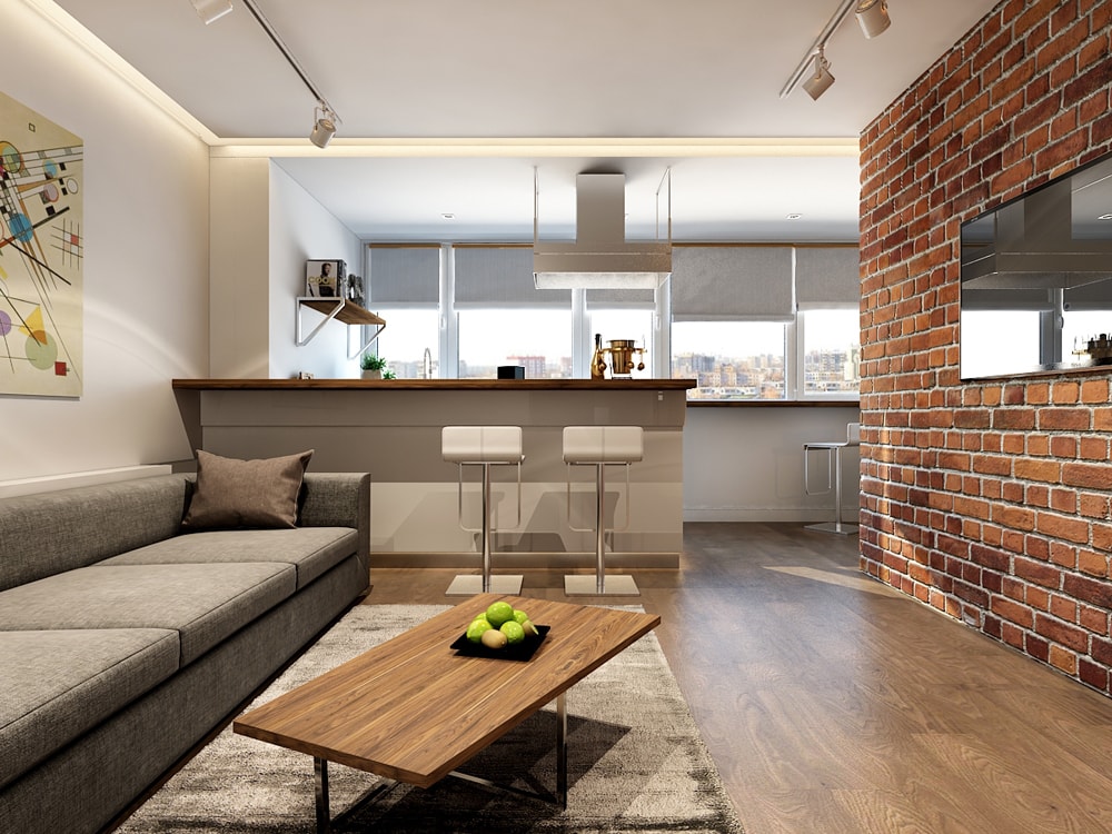 Интерьер гостиной и кухонной зон в стиле Минимализм в дизайн-проекте квартиры-студии для молодого человека — Частная Архитектура