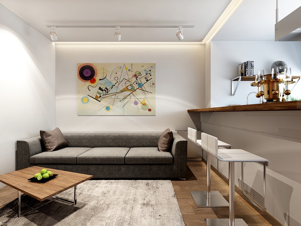Интерьер гостиной зоны с барной стойкой в стиле Минимализм в дизайн-проекте квартиры-студии для молодого человека — Частная Архитектура