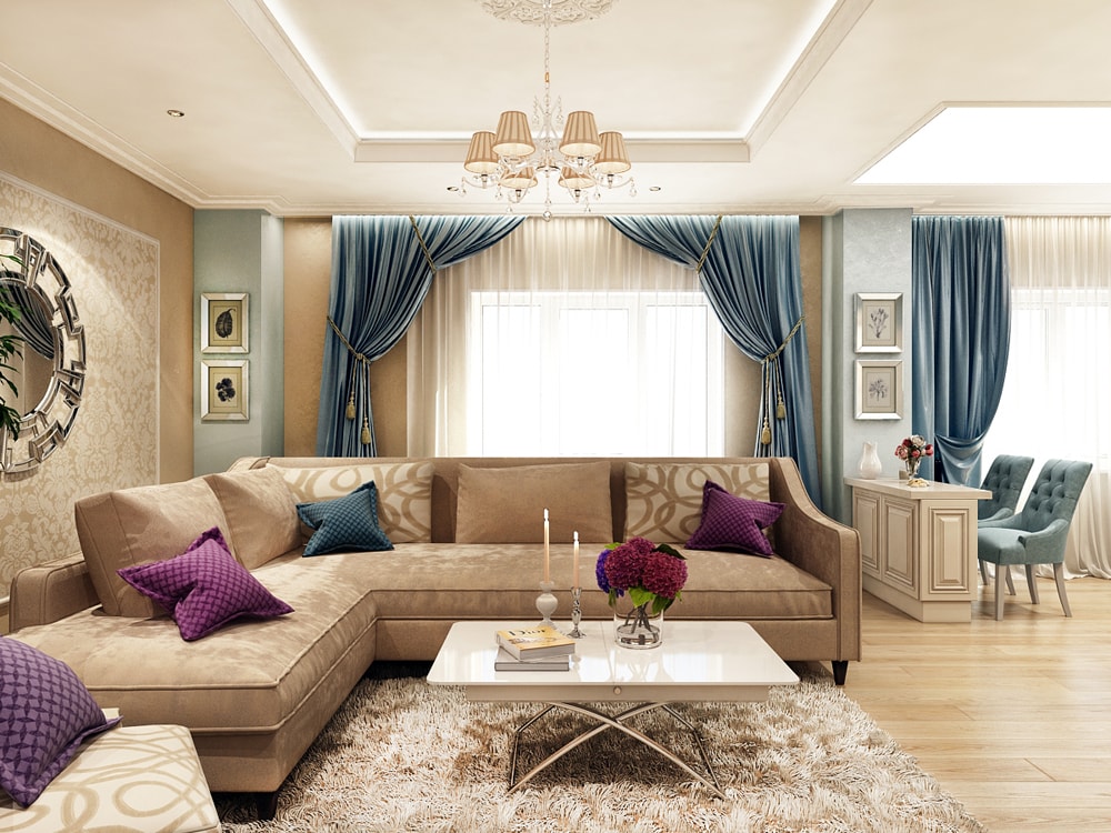 Интерьер гостиной в стиле Лёгкая классика в дизайн-проекте квартиры-студии для молодой пары — Частная Архитектура
