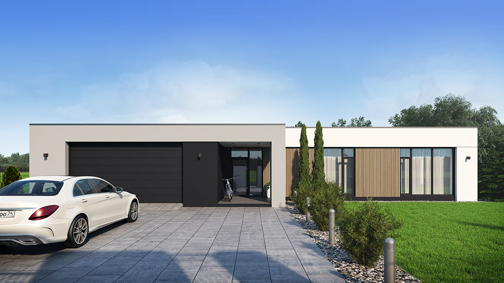 Проект современного одноэтажного дома с плоской крышей, двухместным гаражом и террасой — Частная Архитектура