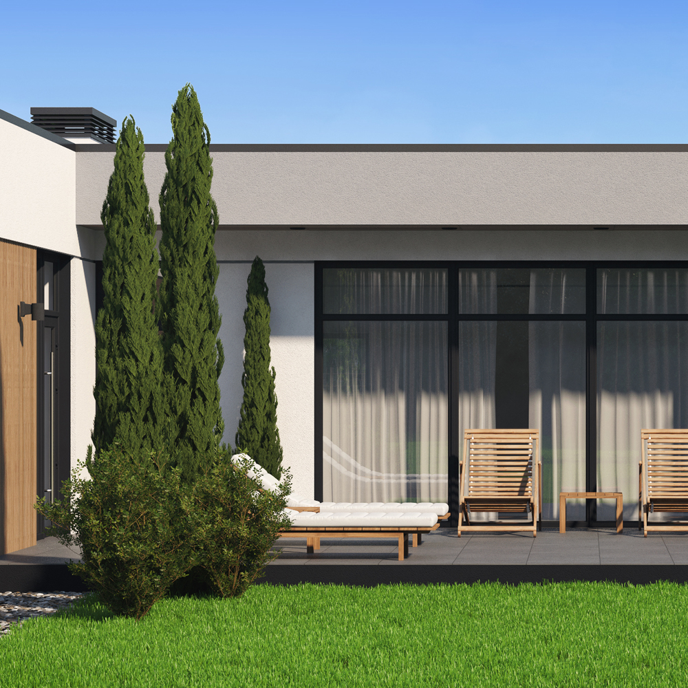 Проект современного одноэтажного дома с плоской крышей, двухместным гаражом и террасой — Частная Архитектура