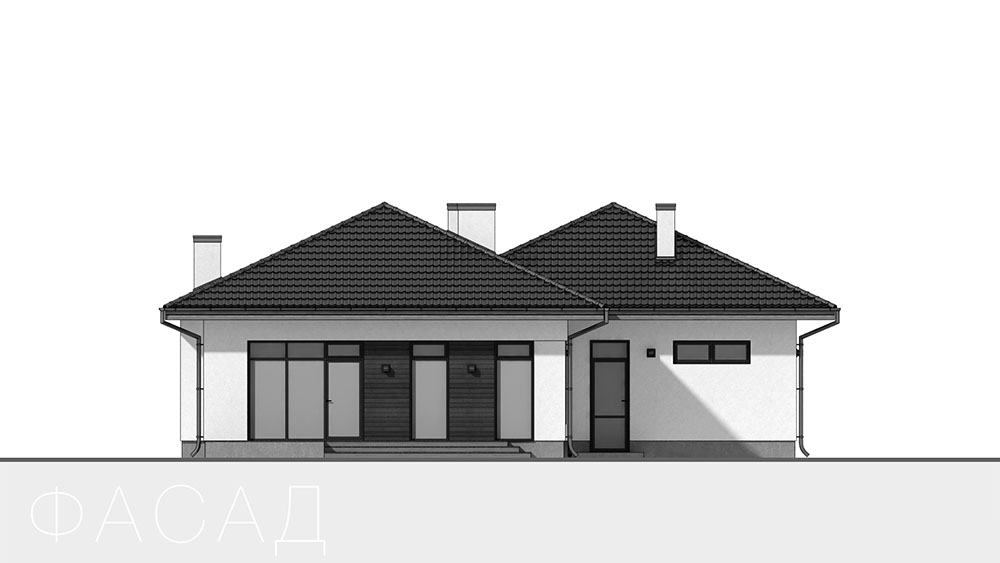 Проект современного одноэтажного коттеджа с двухместным гаражом и террасой — Частная Архитектура