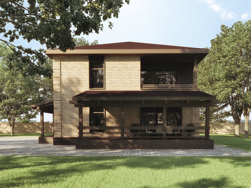 Проект двухэтажного коттеджа из кирпича с крытой террасой и балконом — Частная Архитектура