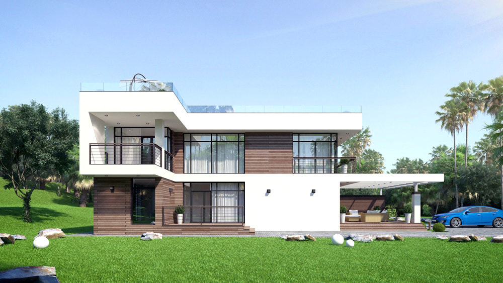 Проект двухэтажного дома в стиле хай-тек с крытой террасой и балконом в Краснодарском крае — Частная архитектура