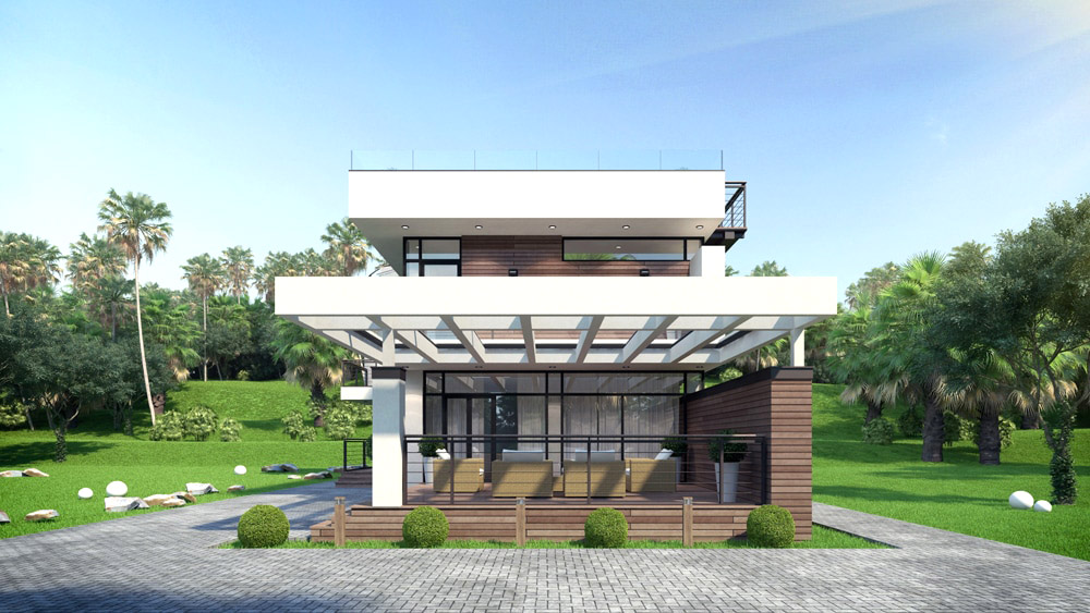 Проект двухэтажного дома в стиле хай-тек с крытой террасой и балконом в Краснодарском крае — Частная архитектура