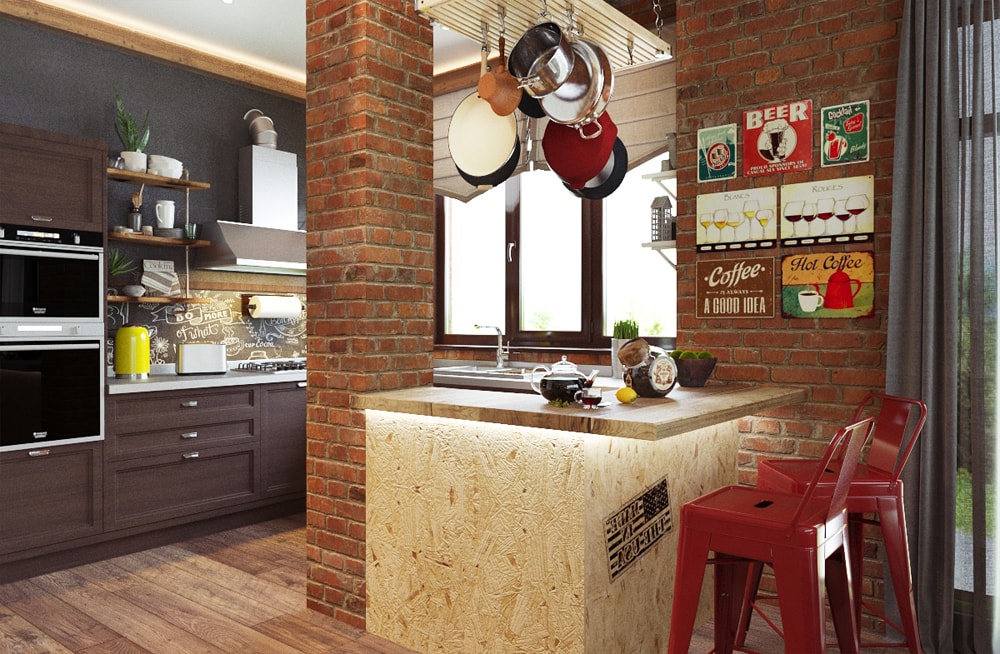 Интерьер кухни с барной стойкой в стиле Лофт в дизайн-проекте современного загородного дома — Частная Архитектура