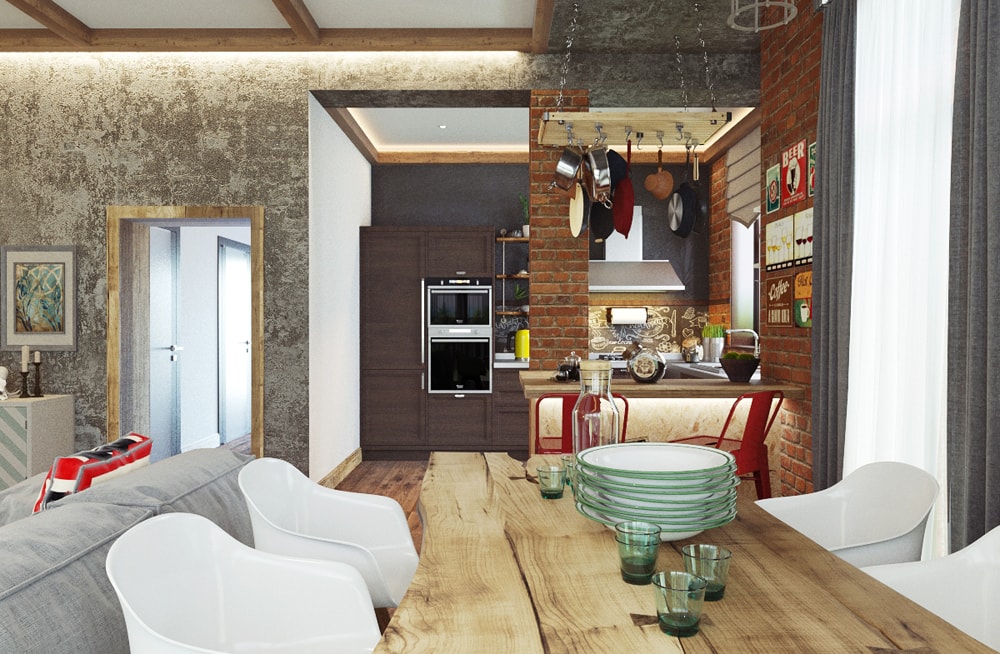 Интерьер гостиной с обеденной зоной в стиле Лофт в дизайн-проекте современного загородного дома — Частная Архитектура