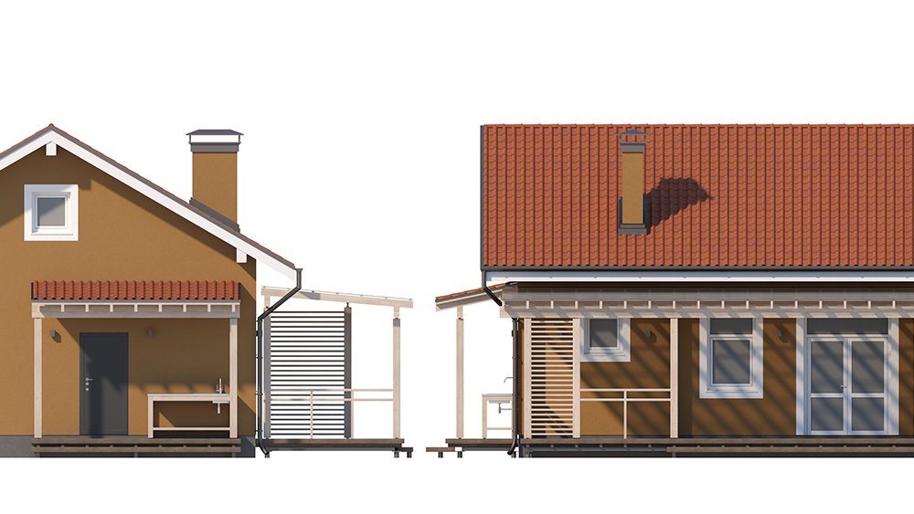 Проект «Terracotta» одноэтажный компактный коттедж 8 на 8 м с террасой — Частная Архитектура